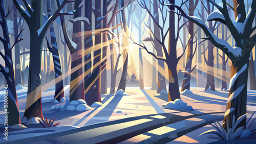 Sunlight filters through frozen branches, casting silver shadows across the winter forest floor. The landscape is utterly beautiful, a perfect moment of calm from sleeping nature.


