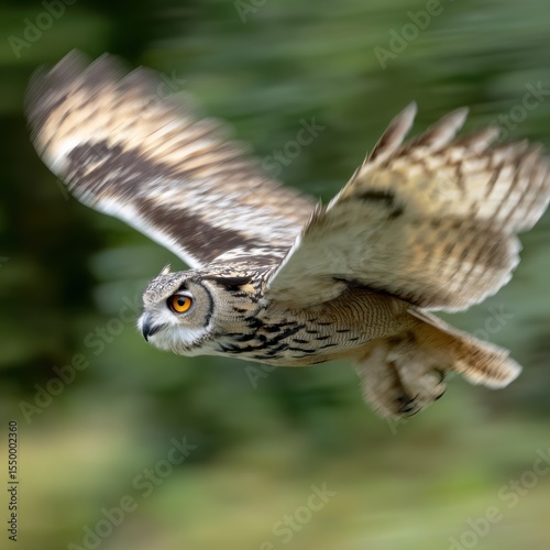 A majestic owl in flight, wings spread, captured mid-air with blurred background.