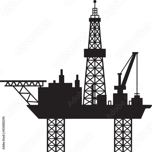 Offshore drilling rig with crane and derrick in a black silhouette style