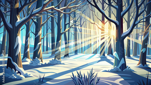 Sunlight filters through frozen branches, casting silver shadows across the winter forest floor. The landscape is utterly beautiful, a perfect moment of calm from sleeping nature.

