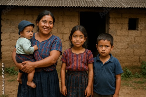 A woman in Guatemala holds her baby while standing beside two young children. They are standing in front of their simple home made of cinder blocks and corrugated metal
