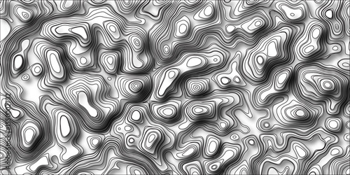 Abstract design with black and white abstract papercut and multi-layer cutout geometric pattern. Cartography, topology, or terrain path concept.. Topography grid map. Stylized topographic contour map.