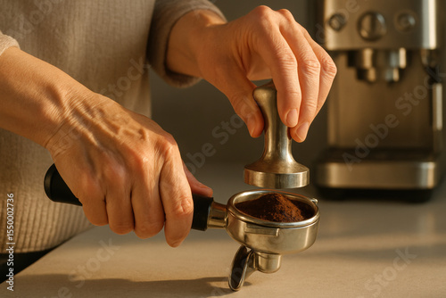 Barista tamping freshly ground coffee for espresso preparation in the morning kitchen sunlight with professional machine