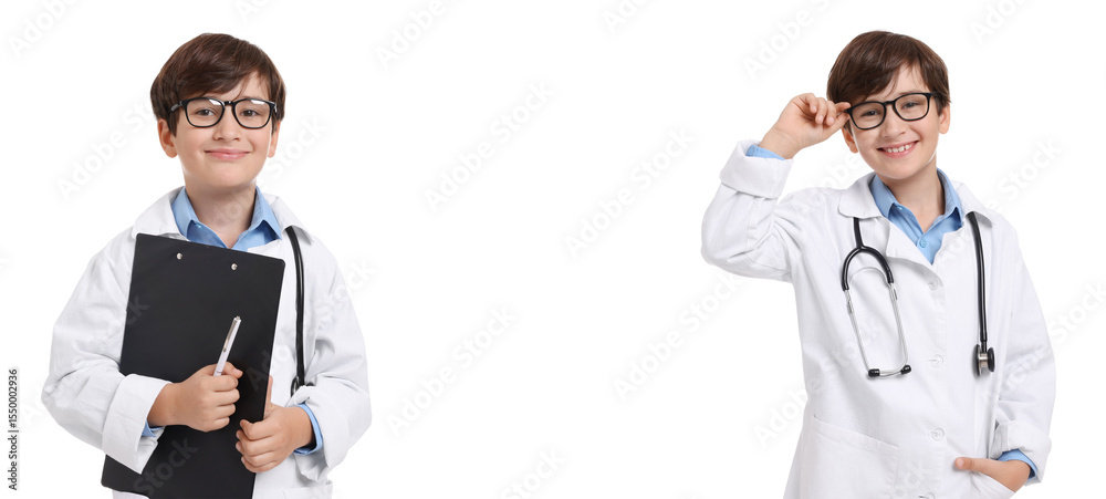 Cute child pretending to be doctor on white background, collage of photos Cute child pretending to be doctor on white background, collage of photos