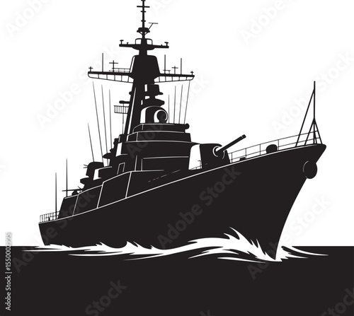 Modern warship with cannons and radar sailing through choppy water in a striking black and white silhouette