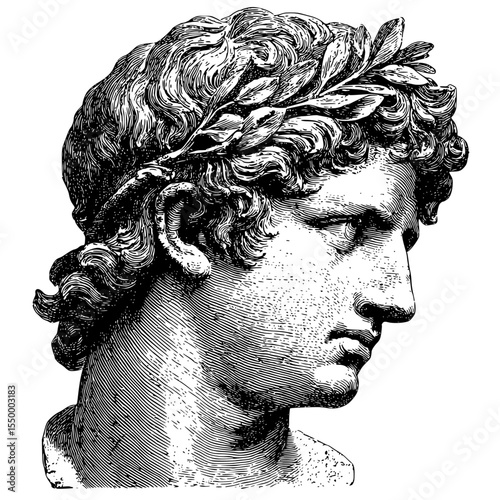 a black and white portrait of a marble bust, detailed sculpted hair in a wreath, classical greek style, realistic, high detail, sharp focus, intricate, photorealistic
