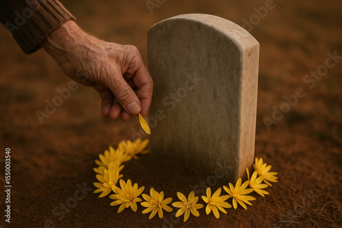 Elderly hand placing yellow daisy petal on grave, symbolizing remembrance and mourning with flowers arranged in a semicircle