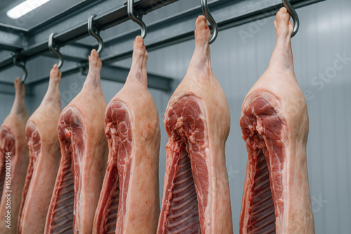 Raw pork carcasses hanging on metal hooks in a cold storage facility for meat processing and butchering in an industrial environment