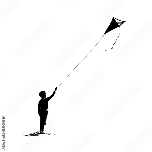 a black and white silhouette of a young man standing and holding a kite in the sky black, boy, child, fly, kite, man, person, silhouette, sky, stand, young , Generative art.