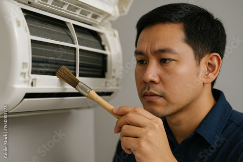 Technician cleaning air conditioner indoor unit with a brush to maintain home cooling efficiency and improve air quality