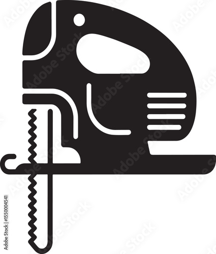Black silhouette of a jigsaw power tool with a serrated blade for cutting wood and metal