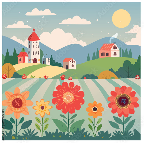 Sunny day in a charming village with blooming flowers