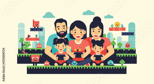 Family Playing Games Together at Home Using Mobile Technology