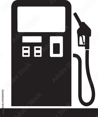 A black silhouette of a modern gas station fuel pump with a nozzle and hose
