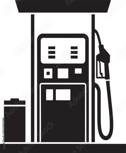 Modern gas station fuel pump with nozzle and payment terminal in a clean silhouette style