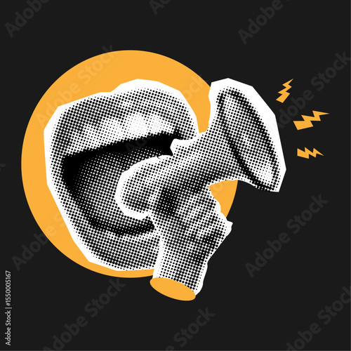 Angry female mouth shouting and hand holding megaphone with halftone texture,collage elements