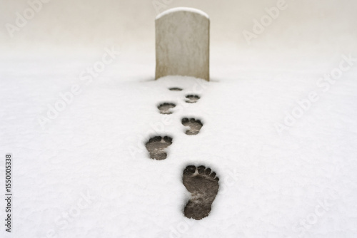 Solitary human footprints lead through undisturbed snow toward a single gravestone on a cold, overcast winter day
