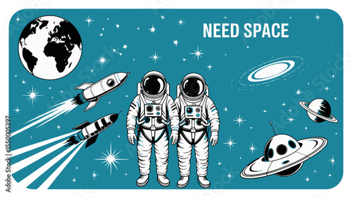 Hand-Drawn Black and White Space Icon Set – Astronauts, Stars, Planets, and Cosmic Exploration Symbols