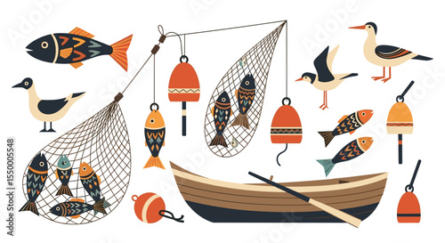 Fishing Boat with Nets and Aquatic Wildlife in Ocean