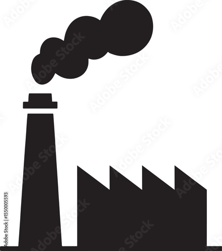 Industrial factory building with a tall chimney emitting smoke clouds silhouette