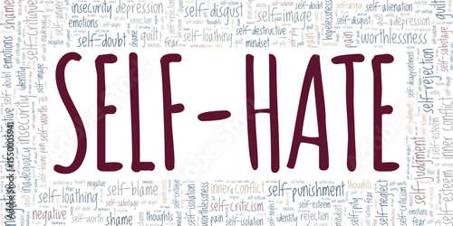Self-hate word cloud conceptual design isolated on white background.
