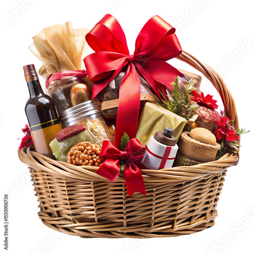 A Bountiful Gift Basket with Wine and Gourmet Treats isolated on transparent bacckground