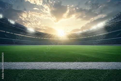 Soccer field at sunset with stadium and sky,3d render