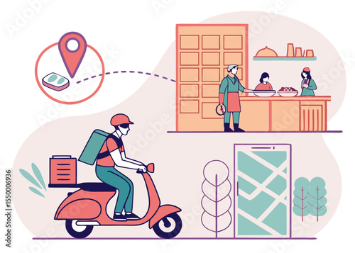 Vector illustration showing delivery rider with a food bag, map navigation, kitchen staff packing food — trendy neon colors or clean flat look.
