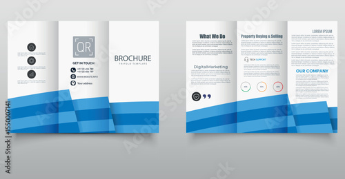 Elegant trifold brochure template with layered blue geometric waves, designed for professional business use, corporate identity, and marketing campaigns