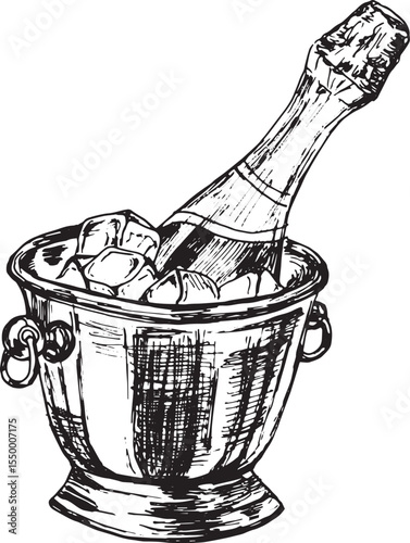 Vintage sketch of champagne bottle in ice bucket – hand-drawn celebration drink illustration.