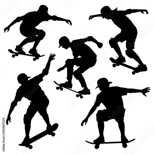 Silhouetted skateboarders in action poses
