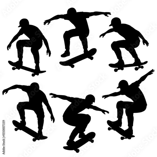 Silhouetted skateboarders in action poses