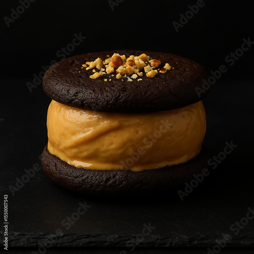 Gelato al biscotto fotografia elegante su sfondo nero.