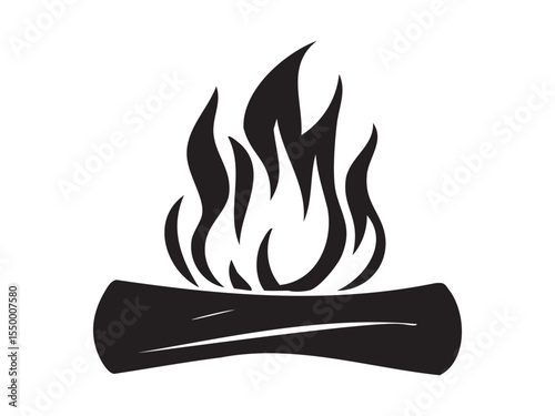 Black silhouette of a burning log with flames, isolated on white background, graphic illustration. concept of campfire, wood burning, fire icon, logo, design element.