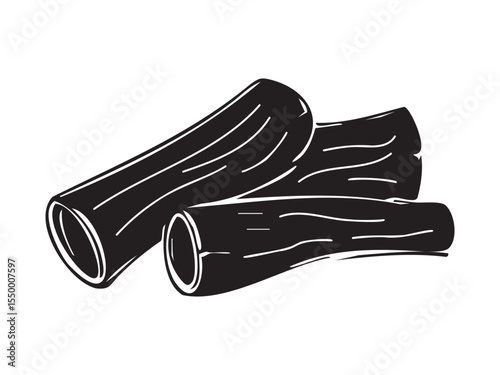 Stack of firewood logs in black silhouette style isolated on white background, graphic illustration. Concept of lumber, wood fuel, forestry element, rustic design, timber log