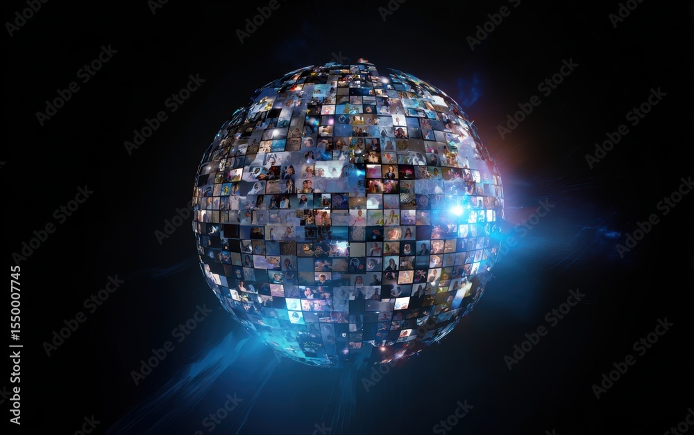 Obraz premium A globe-shaped sphere constructed from numerous video screens, emitting blue light against a dark background.