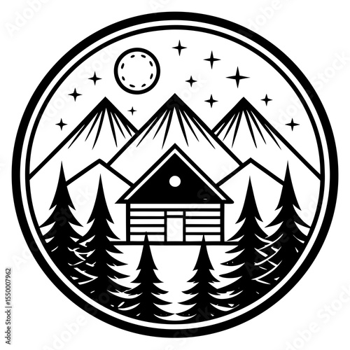 Cabin nestled in mountains under starry moonlit sky in circular design