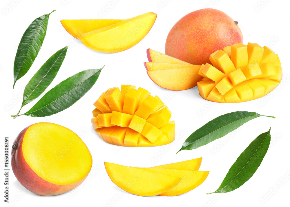 Fototapeta premium Sweet mango fruits and green leaves isolated on white, set