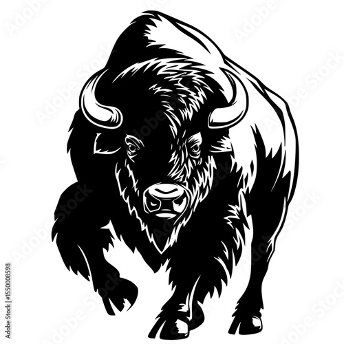 a black and white image of the head of a bison or buffalo, in black and white bison, black, buffalo, bull, head, illustration, image, logo, silhouette, white , Generative art.