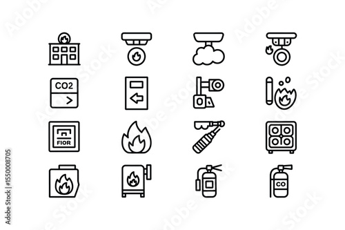 Black and White Fire Safety Icon Set Building Smoke Detector Flame Extinguisher C O2