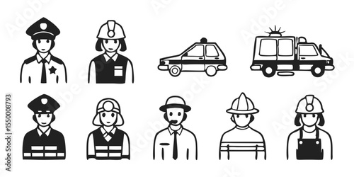 Vector Icons Representing Public Safety Professionals and Their Transport, Ideal for Community Service Themes.