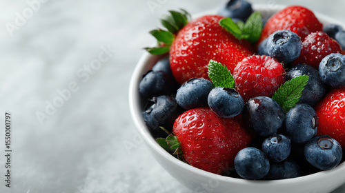 Fresh strawberries, blueberries and raspberries with mint leaves in a white bowl on a light background. Healthy breakfast or snack. Fresh and vibrant.