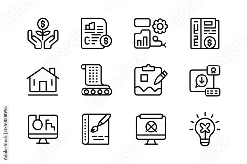 Black and White Icon Set Business Finance Real Estate Growth Investment Strategy Planning Design Development