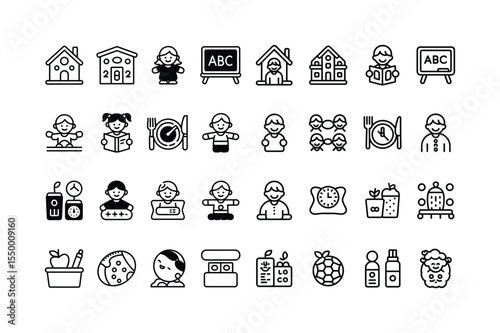 Black and White Icon Set Childcare Preschool Education Kids Activities Food Time Clock