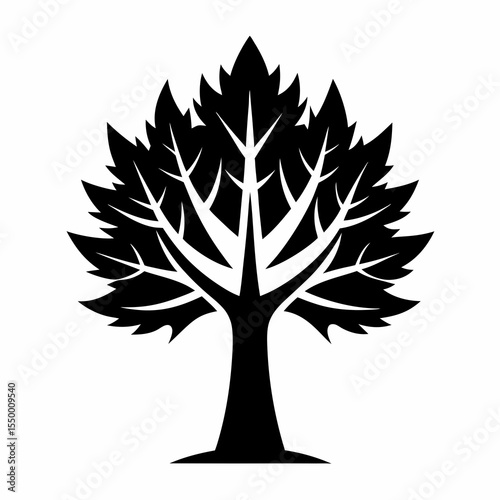 Silhouette of a leafy deciduous tree isolated on white background