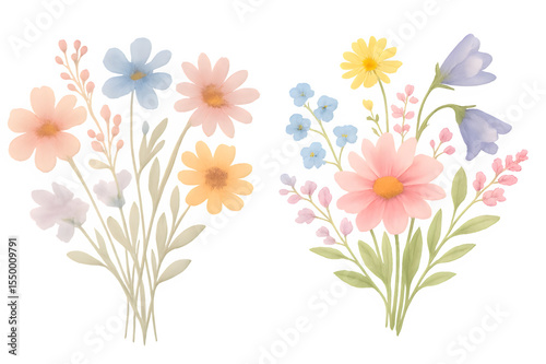 Soft Watercolor Wildflower Bouquet Isolated on Transparent Background (PNG)

