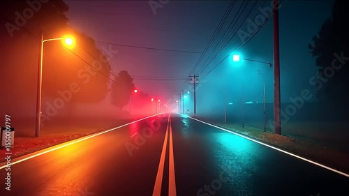 Neon road in fog at night