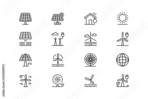 Black and White Renewable Energy Icon Set Solar Panels Wind Turbines Hydropower Icons for Website App Design