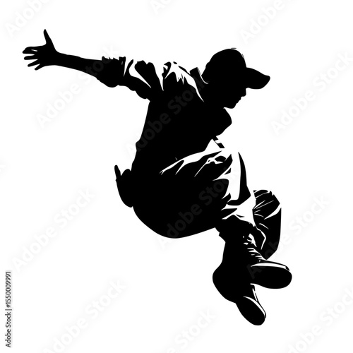 a black and white silhouette of a skateboarder jumping a ball ball, black, jump, man, person, silhouette, skateboard, skateboarder, snowboarder , Generative art.