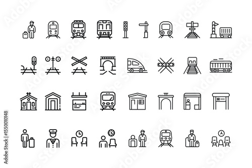Black and White Train Station Icon Set Transportation Symbols Railway Graphics vector